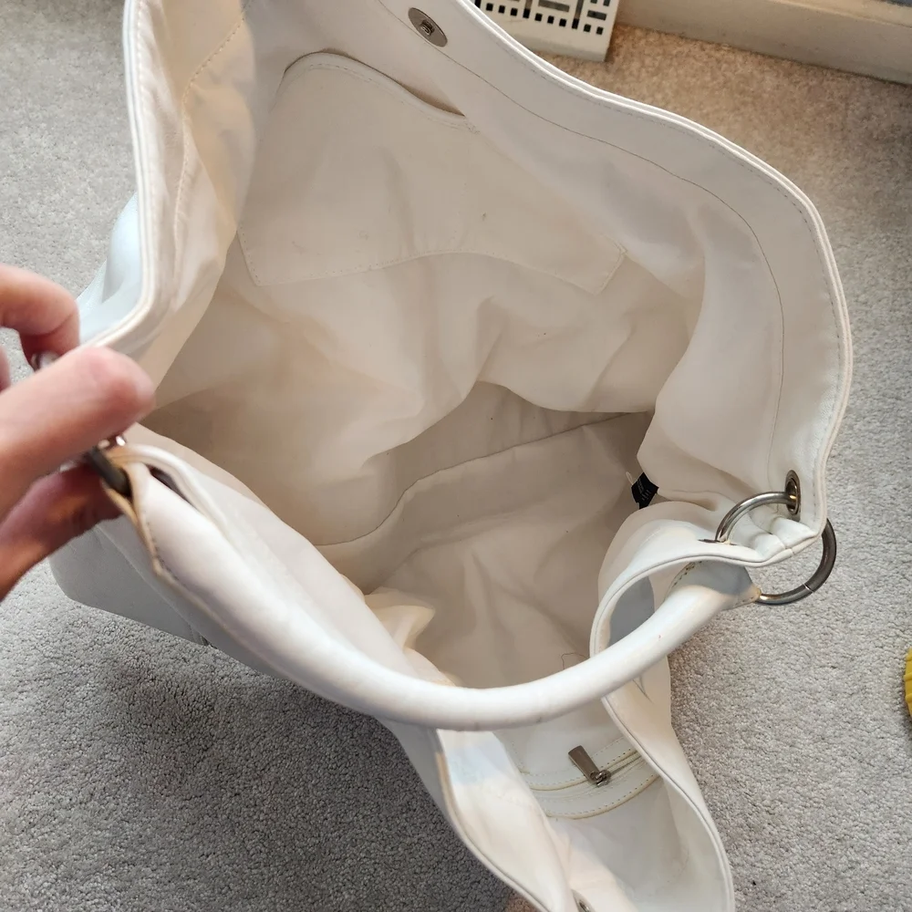 Express White Handbag with Silver Zipper Details, Snap Closure
